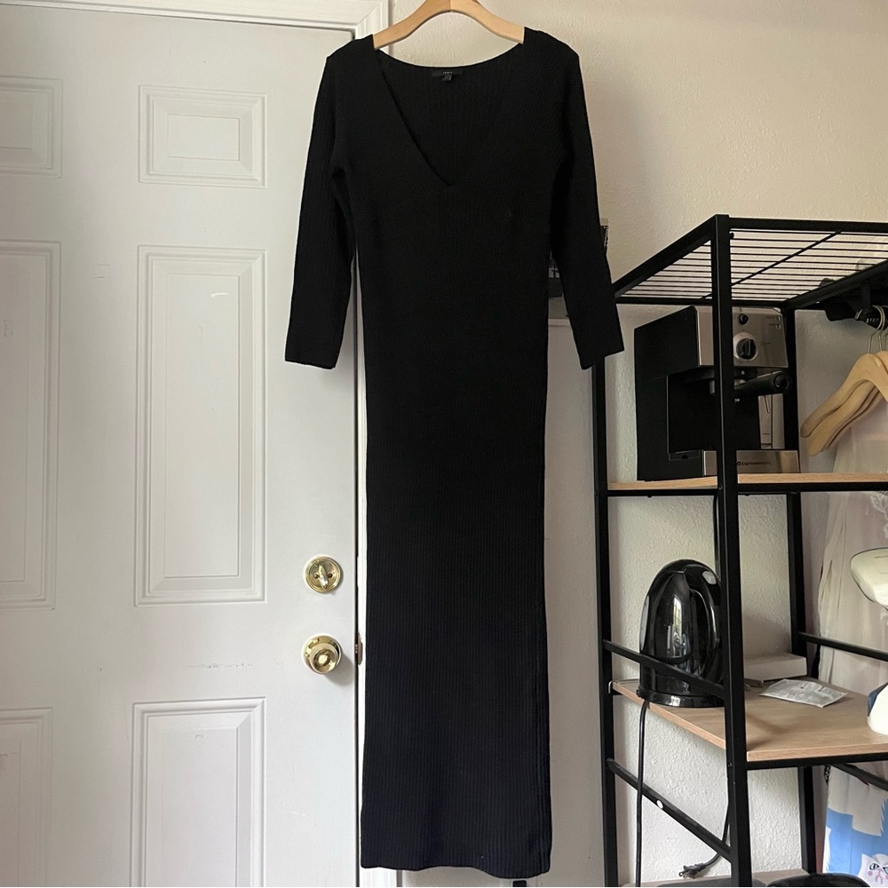 TROIS black chunky open knit long‎ sleeve v neck long sleeve maxi sweater dress